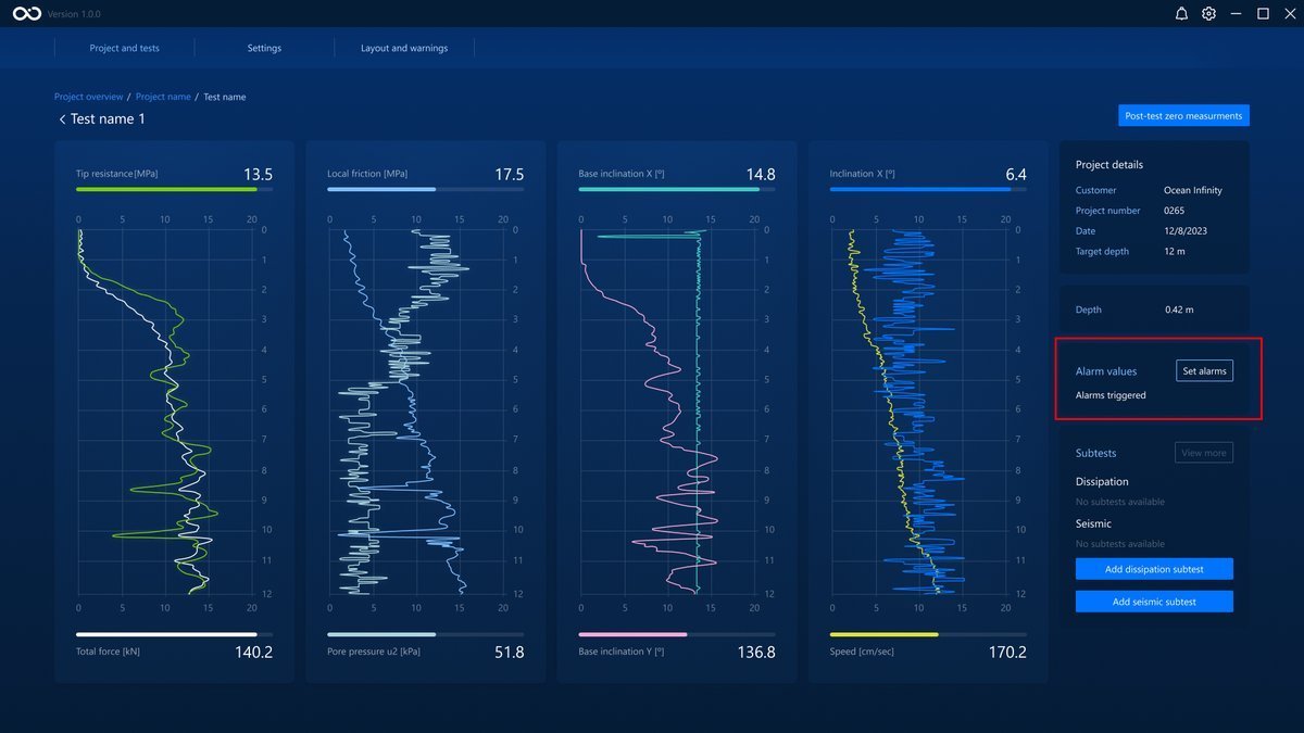 The alarms section in the data test graphs page The alarms section in the data test graphs page